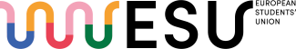 Il logo dell'ESU (European Students' Union) mostra una "M" stilizzata composta da linee colorate (rosa, arancione, verde e blu) accanto alla sigla "ESU" in nero e al nome completo "European Students' Union" in caratteri più piccoli. Il design è moderno e inclusivo
