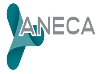 Il logo presenta un design moderno con un'icona composta da una forma stilizzata tridimensionale a forma di "X" o nodo, in diverse tonalità di verde acqua, che suggerisce movimento e connessione. Accanto all'icona, il nome "ANECA" è scritto in caratteri maiuscoli di colore grigio, con un font semplice e lineare, trasmettendo professionalità e serietà. L'insieme comunica un'identità visiva chiara e istituzionale.