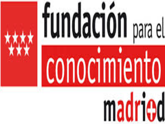 Il logo della Fundación para el Conocimiento madri+d combina un quadrato rosso con cinque stelle bianche, simbolo della Comunità di Madrid, e un testo in tre righe che evidenzia la parola "conocimiento" in bianco su rosso. Il design comunica innovazione, progresso e un forte legame con il territorio e la conoscenza.