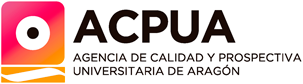 Il logo di ACPUA (Agencia de Calidad y Prospectiva Universitaria de Aragón) presenta un'icona quadrata sfumata nei toni del rosa e dell'arancione, con un cerchio bianco al centro e una linea ondulata dorata nella parte inferiore. Accanto all'icona, il testo include "ACPUA" in lettere maiuscole nere, seguito dalla dicitura completa dell'agenzia in caratteri più piccoli e neri. Lo sfondo è bianco, garantendo un design pulito e leggibile che trasmette professionalità e dinamismo.