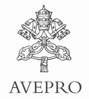 Il logo di AVEPRO (Agenzia della Santa Sede per la Valutazione e la Promozione della Qualità delle Università e Facoltà Ecclesiastiche) è costituito da un emblema vaticano in bianco e nero, raffigurante le chiavi incrociate di San Pietro sormontate da una tiara papale. Sotto l'emblema, la scritta "AVEPRO" è in caratteri maiuscoli con un font elegante e sobrio. Lo sfondo è bianco, conferendo al design un aspetto formale, istituzionale e autorevole.